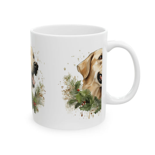 Holiday Dog Ceramic Mug — Festive Wreath Dog Coffee Cup 11oz  Item #273317