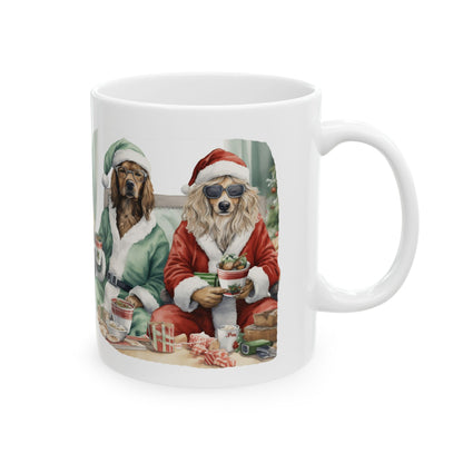 Christmas Dogs Sitting In Chair Dress In Red & Green Coat and Hat Holiday Ceramic Mug 11oz   Item #857496