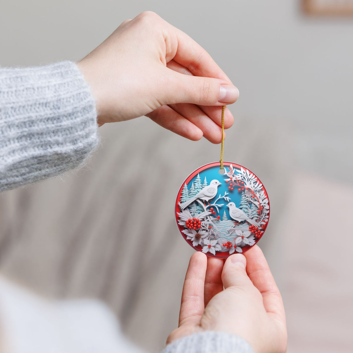 Ceramic Christmas Ornament with Winter Birds and Red Berries   Item #909837
