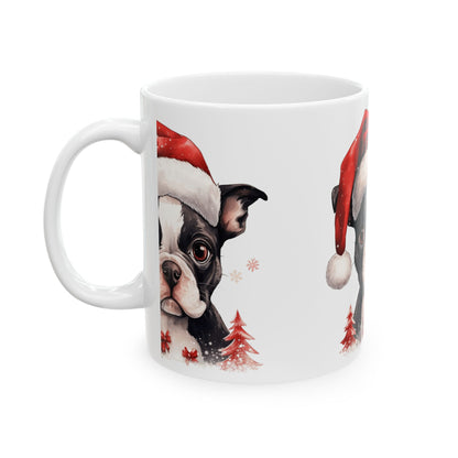 Christmas Boston Terrier Ceramic Mug — Cute Dog in Santa Hat, Holiday Coffee Cup 11oz   Item #822415