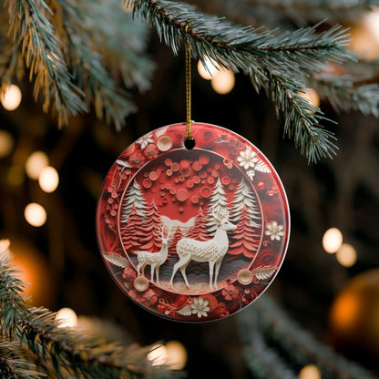 Ceramic Christmas Ornament, Red Winter Forest Deer Design    Item #101123