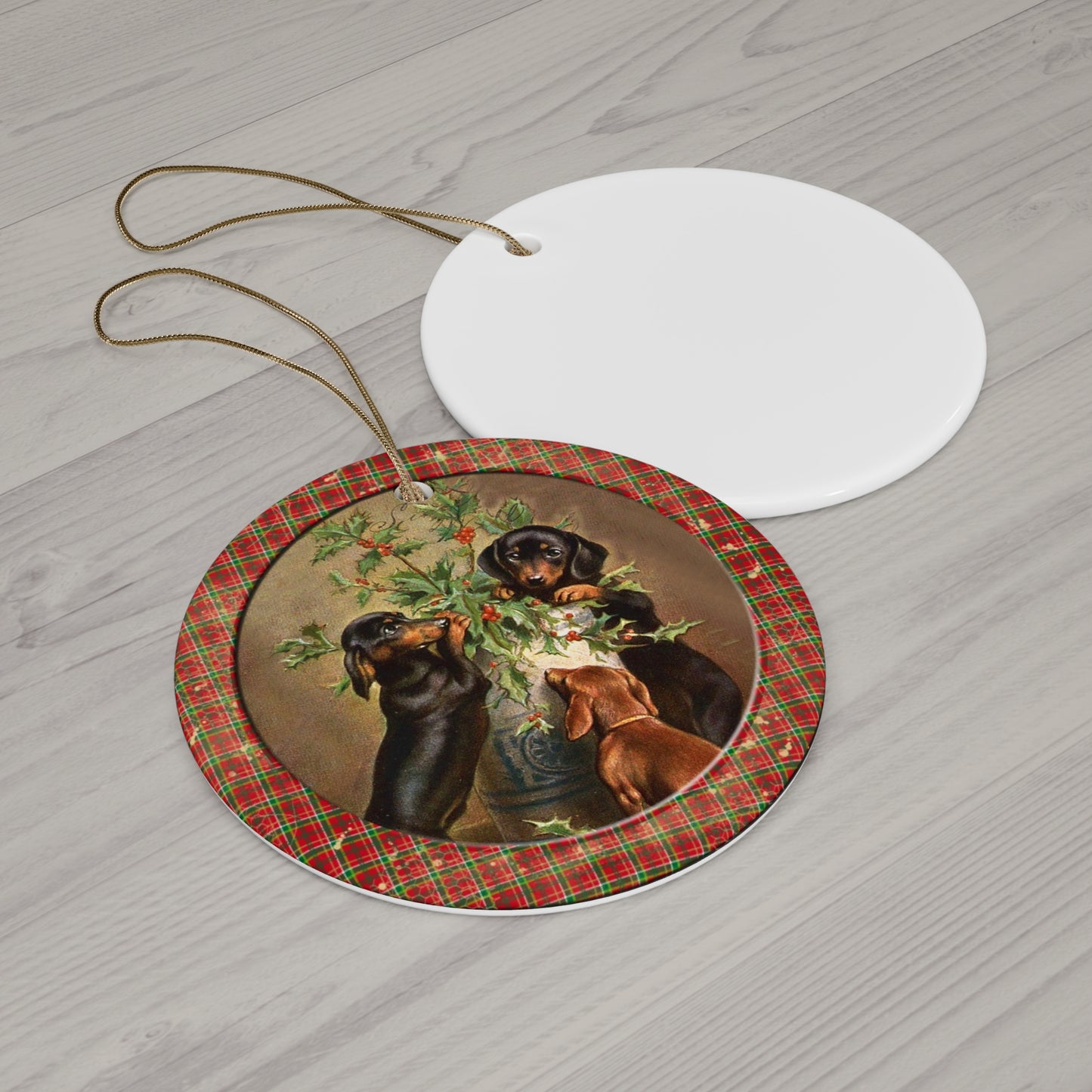 Christmas Pups Ceramic Disc Ornament       Item #114548