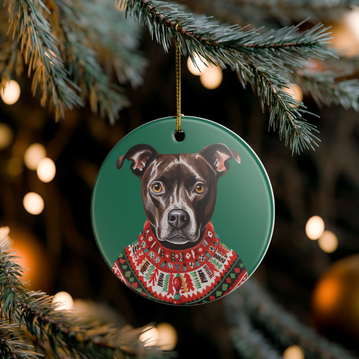 Festive Pit Bull Christmas Sweater Ceramic Ornament   Item #739608