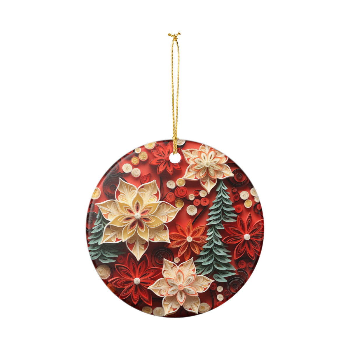Floral Christmas Ornament – Red Poinsettia and Evergreen Ceramic Decoration   Item #969201