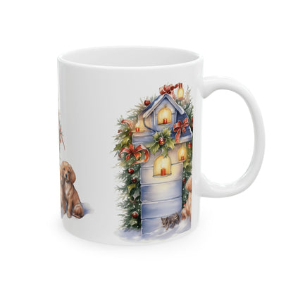 Holiday Dog & Lantern Ceramic Mug — Cute Puppies Christmas Coffee Cup 11oz  Item #75049