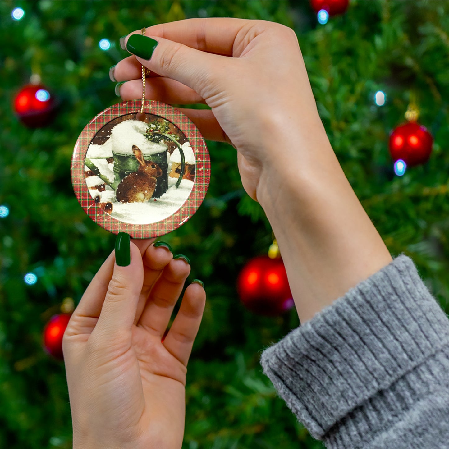 Christmas Rabbit Ceramic Disc Ornament      Item #6260834