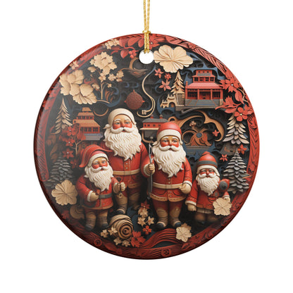 Ceramic Christmas Ornament with Santa Family and Asian-Inspired Holiday Scene    Item #332918