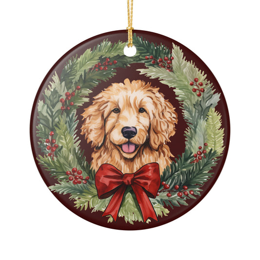 Ceramic Christmas Ornament with Festive Dog and Wreath   Item #681912