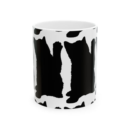 Cat Print Ceramic Mug – Black & White Farmhouse Coffee Cup 11oz    Item #87199
