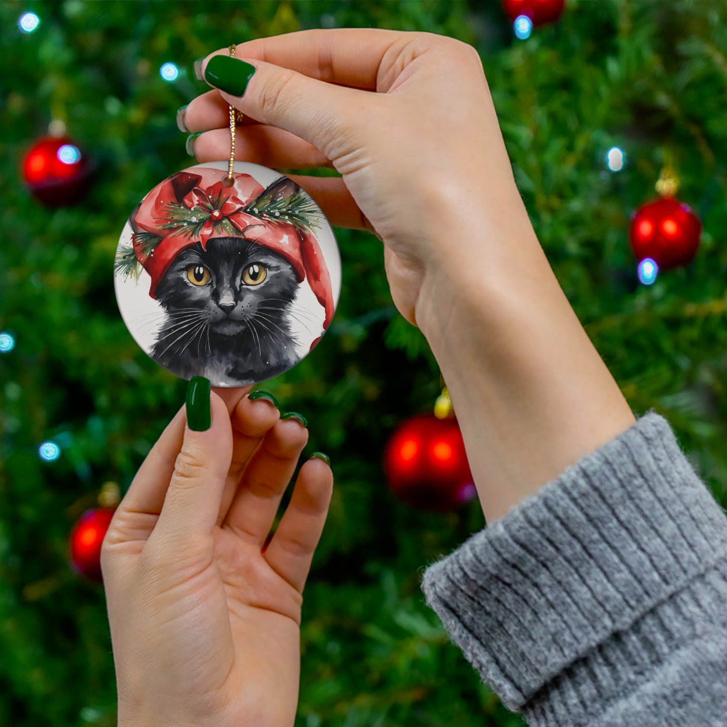 Christmas Cat Ceramic Disc Ornament        Item #5835477