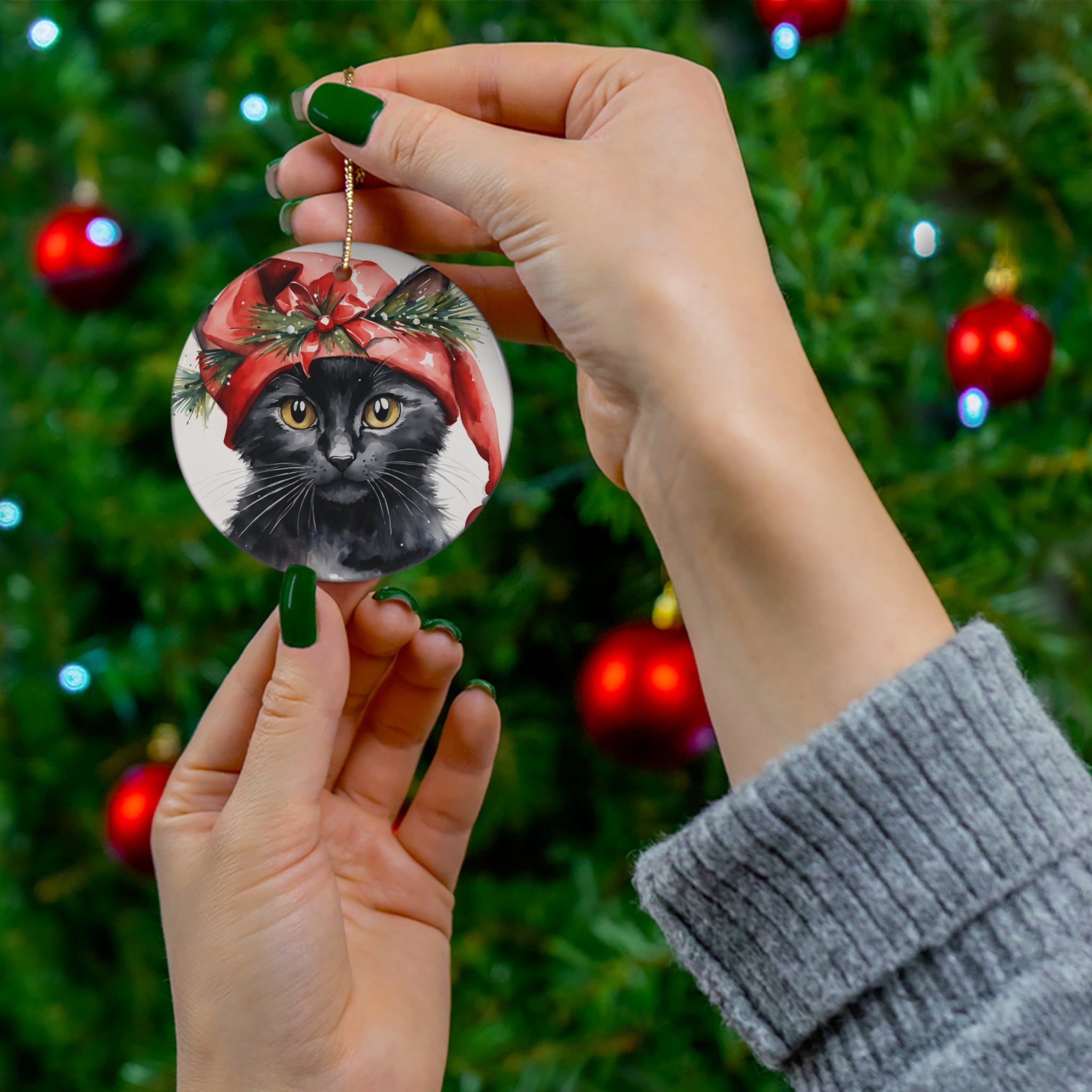 Christmas Cat Ceramic Disc Ornament        Item #5835477 - Buckshot's Bargain Barn