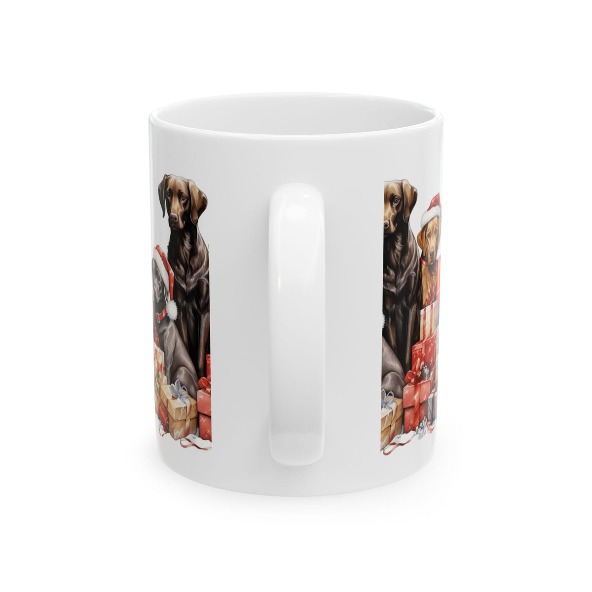 Christmas Dogs Ceramic Mug — Labrador Trio with Santa Hats & Gifts 11oz  Item #610489