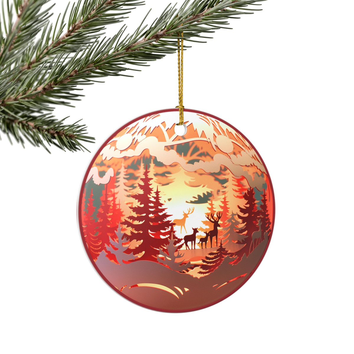 Ceramic Christmas Ornament – Rustic Woodland Deer Forest Scene   Item #783675