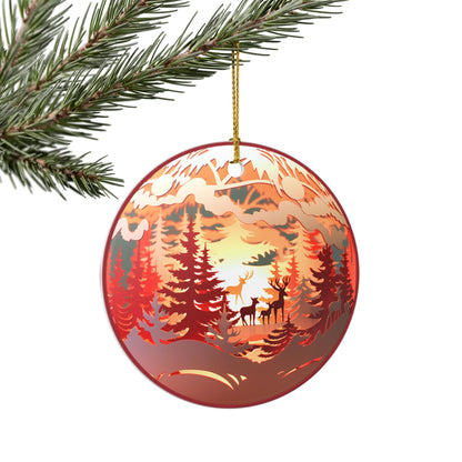 Ceramic Christmas Ornament – Rustic Woodland Deer Forest Scene   Item #783675