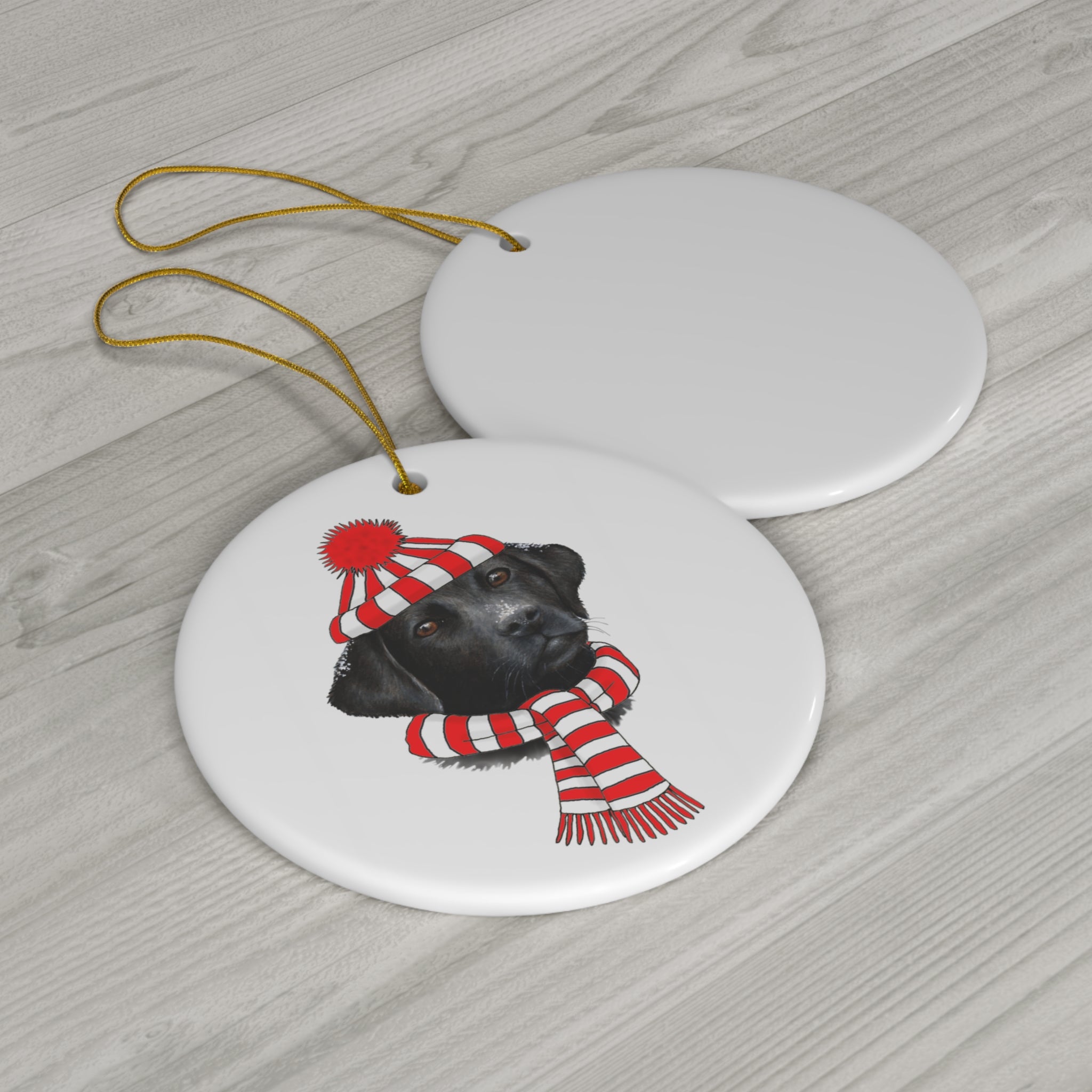 Winter Labrador With White and Red Hat Ceramic Disc Ornament         Item #8932097