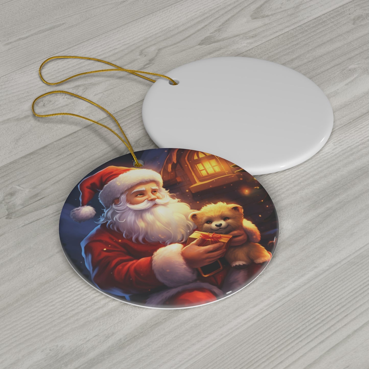 Santa With Bear Ceramic Disc Ornament       Item #1646064