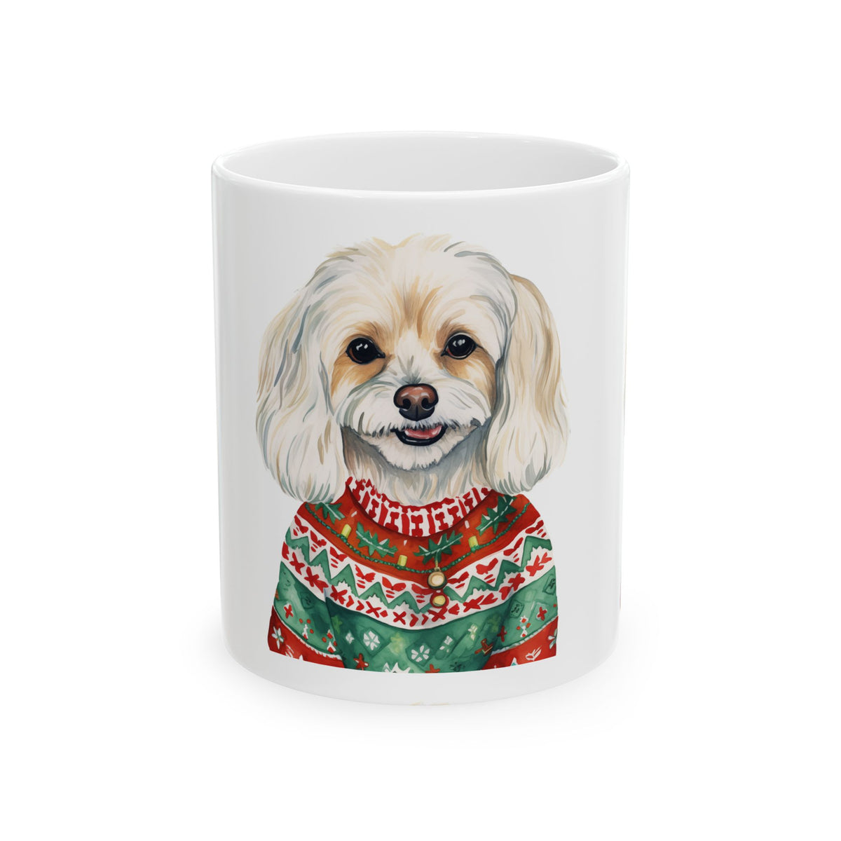 Cute Dog in Christmas Sweater Ceramic Mug — Holiday Pet Coffee Cup 11oz   Item #802478