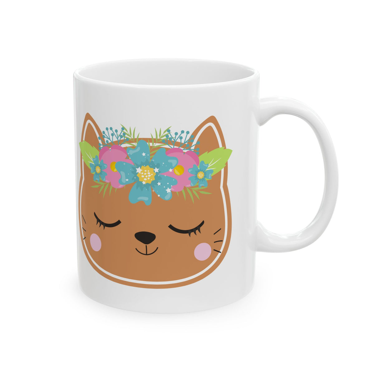 Floral Cat Face Mug — Cute Animal Ceramic Coffee Cup 11oz  Item #827843