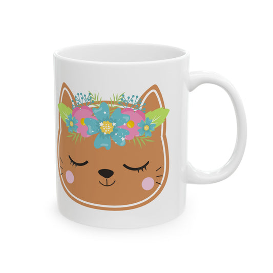 Floral Cat Face Mug — Cute Animal Ceramic Coffee Cup 11oz  Item #827843