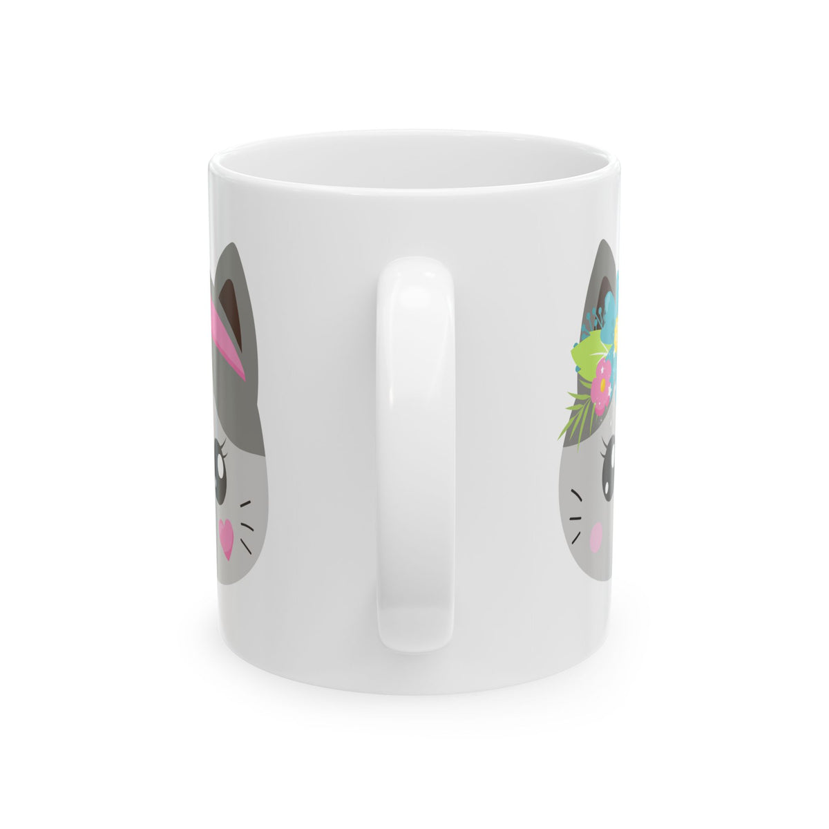 Cute Cat Face Mug with Floral & Headband Designs — Ceramic Coffee Tea Cup 11oz   Item #297585