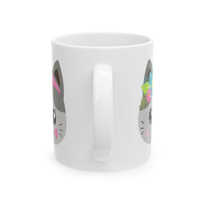 Cute Cat Face Mug with Floral & Headband Designs — Ceramic Coffee Tea Cup 11oz   Item #297585
