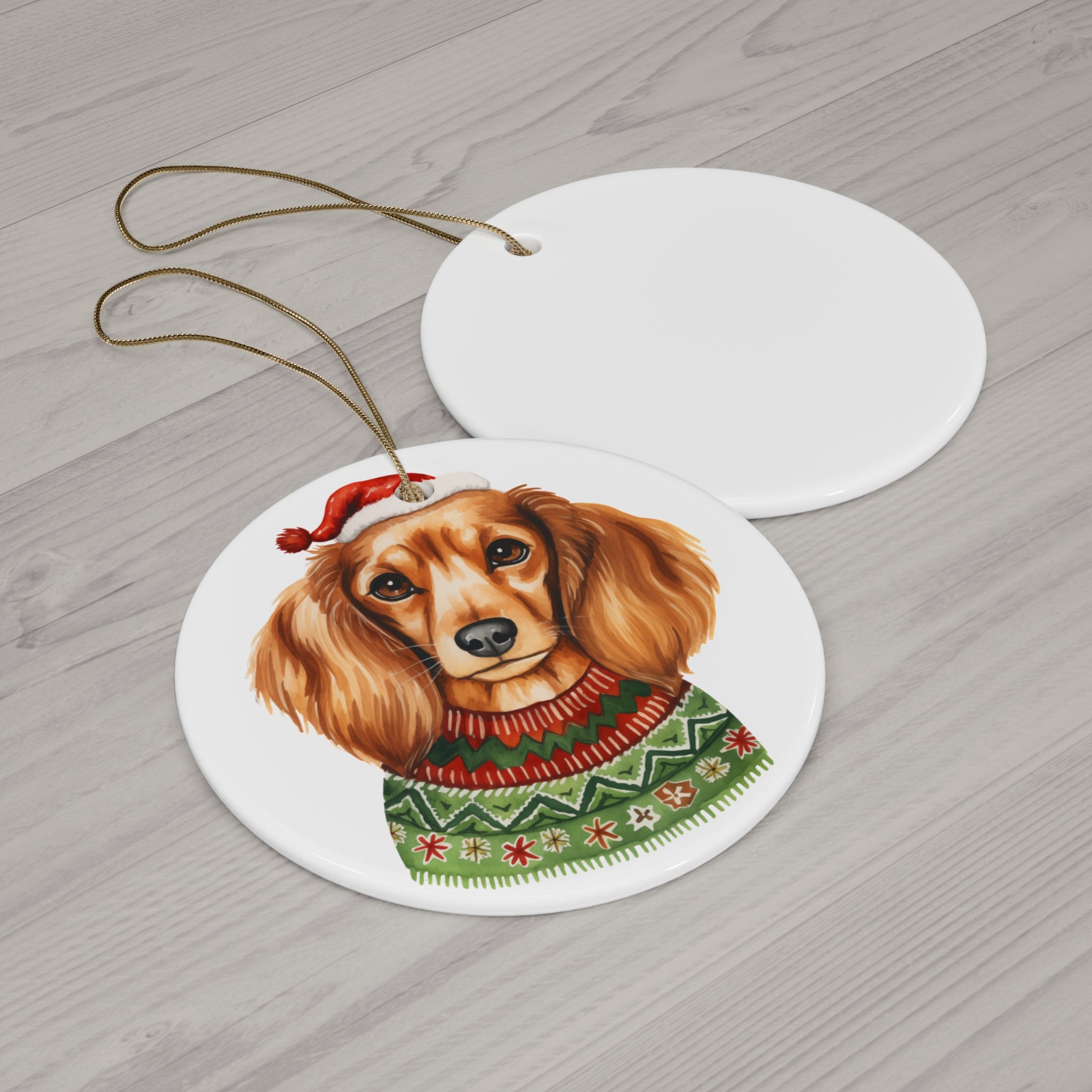 Christmas Dog With Christmas Sweater Ceramic Disc Ornament            Item #5145581