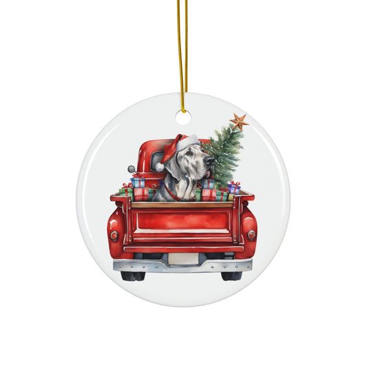 Ceramic Ornament - Great Dane Christmas Dog In Red Truck       Item #1604501