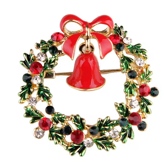 Serenity Gems Christmas Wreath Bell & Bow Brooch