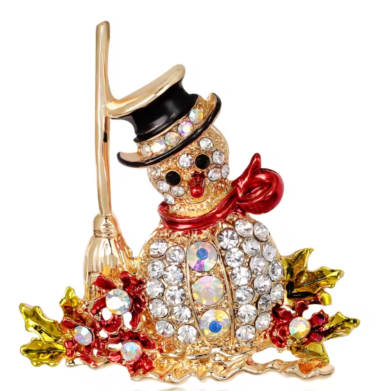 Serenity Gems™ Christmas Snowman Brooch Pin – Rhinestone Snowman with Black Top Hat, Red Scarf, Broom, and Holly Accents