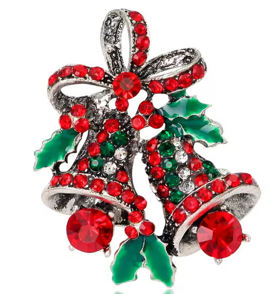 Serenity Gems™ Christmas Bells Brooch Pin – Red and Green Rhinestone Double Bells with Holly Leaves and Silver-Tone Finish