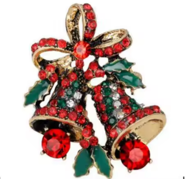 Serenity Gems Christmas Bells Brooch Pin - Red Rhinestone Bells With Holly Leaves And Festive Bow