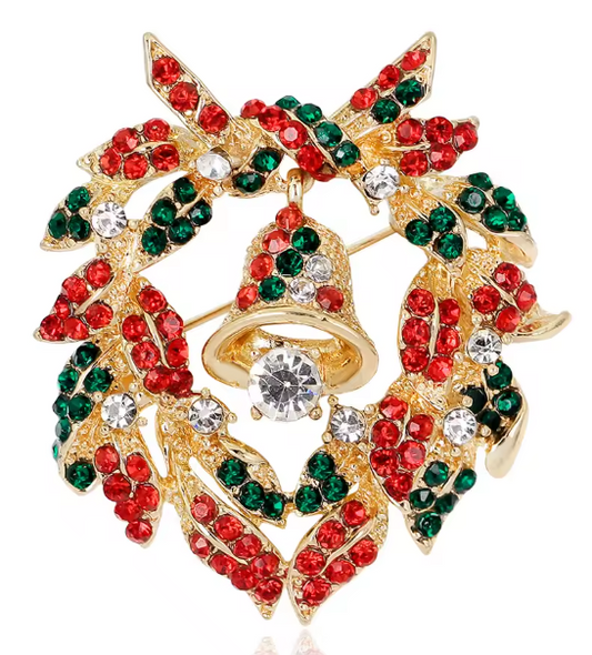 Serenity Gems™ Christmas Wreath Brooch Pin – Red and Green Rhinestone Wreath with Gold-Tone Bell and Decorative Bow