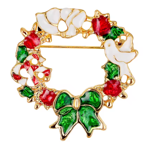 Serenity Gems™ Christmas Wreath Brooch Pin – White Doves, Red Holly Berries, Green Bow, and Gold-Tone Accents