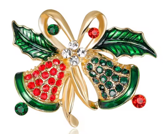 Serenity Gems™ Christmas Holly Berries Brooch Pin – Red and Green Rhinestone Berries with Gold-Tone Bow and Holly Leaves