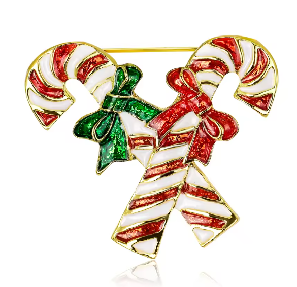Serenity Gems™ Christmas Candy Cane Brooch Pin – Red and White Enamel Candy Canes with Festive Green and Red Bows