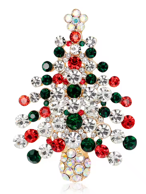 Serenity Gems™ Christmas Tree Brooch Pin – Sparkling Red, Green, and Clear Rhinestone Evergreen Tree