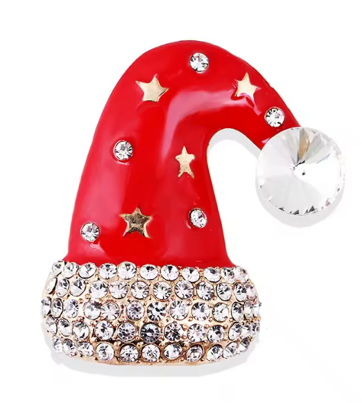 Serenity Gems™ Santa Hat Brooch Pin – Red Enamel Christmas Hat with Sparkling Rhinestones and Gold-Tone Stars