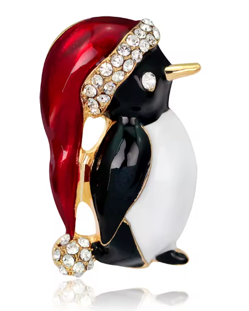 Serenity Gems™ Christmas Penguin Brooch Pin – Black and White Penguin with Red Santa Hat and Sparkling Rhinestone Trim
