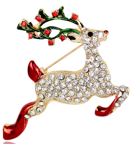 Serenity Gems™ Christmas Reindeer Brooch Pin – Silver-Tone Rhinestone Reindeer with Red Enamel Accents and Holly Branch