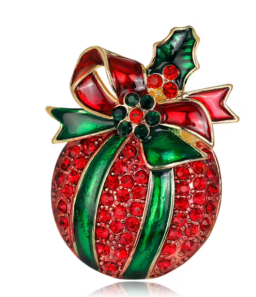 Serenity Gems™ Christmas Ornament Brooch Pin – Red and Green Rhinestone Bauble with Enamel Bow and Holly Leaves