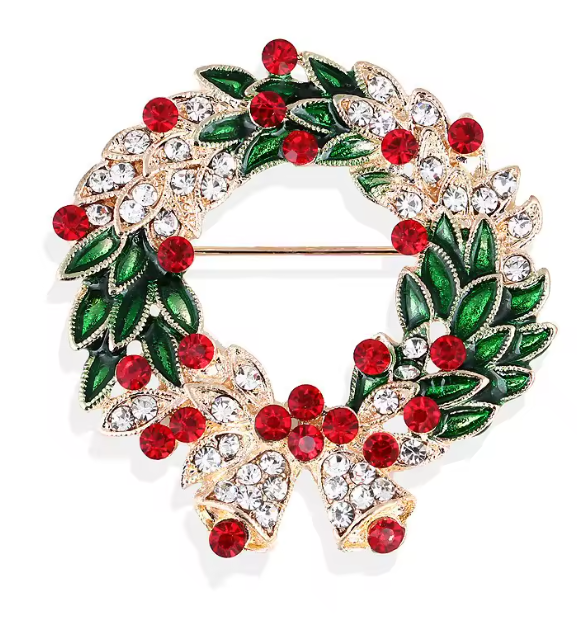 Serenity Gems™ Christmas Wreath Brooch Pin – Red and Green Rhinestone Holly Wreath with Gold-Tone Bow