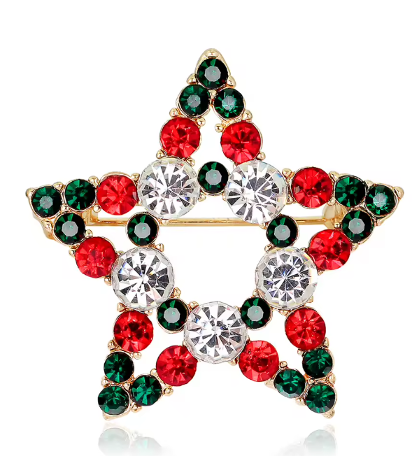 Serenity Gems™ Christmas Star Brooch Pin – Red, Green, and Clear Rhinestone Holiday Star with Gold-Tone Setting