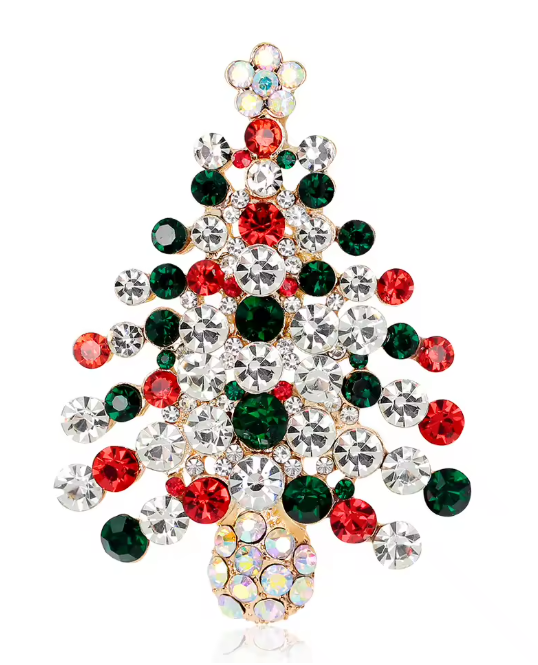 Serenity Gems™ Christmas Tree Brooch Pin – Red, Green, and Clear Rhinestone Evergreen Tree with Sparkling Star Topper