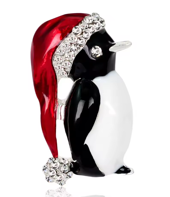 Serenity Gems™ Christmas Penguin Brooch Pin – Black and White Penguin with Red Santa Hat and Sparkling Rhinestone Accents