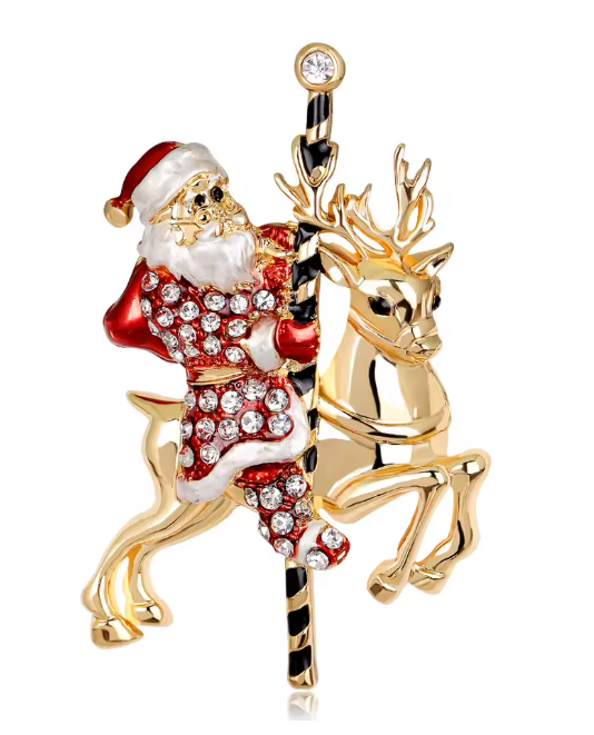 Serenity Gems™ Santa and Reindeer Brooch Pin – Sparkling Santa Claus Riding a Gold-Tone Reindeer Carousel