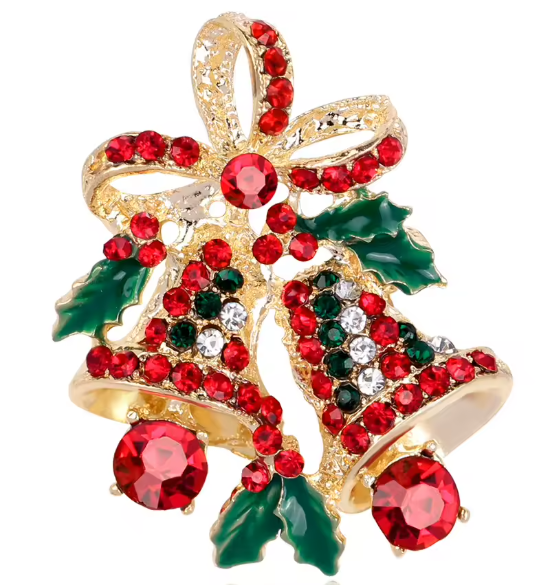 Serenity Gems™ Christmas Bells Brooch Pin – Double Red and Green Rhinestone Bells with Holly Leaves and Sparkling Bow