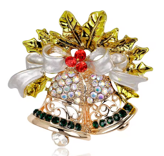 Serenity Gems™ Christmas Bells Brooch Pin – Gold-Tone Holiday Bells with Rhinestone Accents, White Bow, and Decorative Holly Leaves