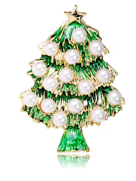 Serenity Gems™ Christmas Tree Brooch Pin – Green Enamel Evergreen Tree with Pearl-Style Accents and Gold-Tone Star