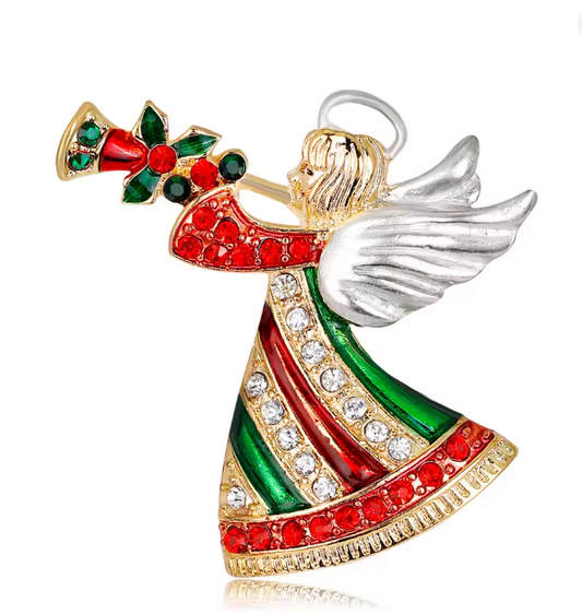 Serenity Gems™ Christmas Angel Brooch Pin – Red and Green Rhinestone Angel with Silver-Tone Wings and Holiday Trumpet