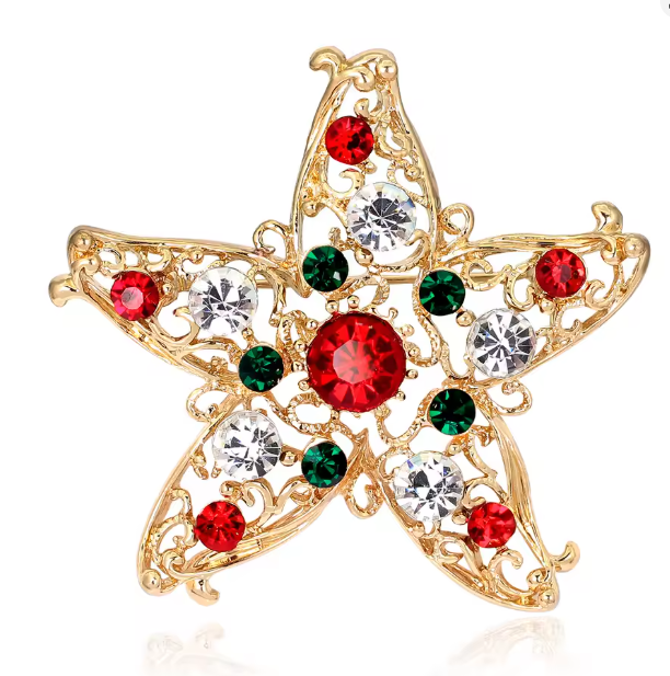 Serenity Gems™ Christmas Star Brooch Pin – Red, Green, and Clear Rhinestone Star with Gold-Tone Filigree Design